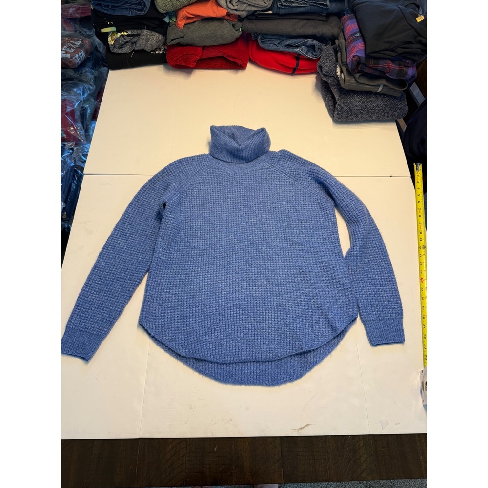 KUHL Women Blue Waffle Knit Turtleneck Sweater Curved Hem Raglan Large